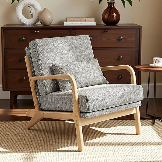 Claiks Mid-Century Modern Accent Chair, Living Room Armchair with Solid Wood Frame & Lumbar Pillow, Comfy Upholstered Lounge Chair for Bedroom, Office, Linen-Like Fabric, Dark Gray