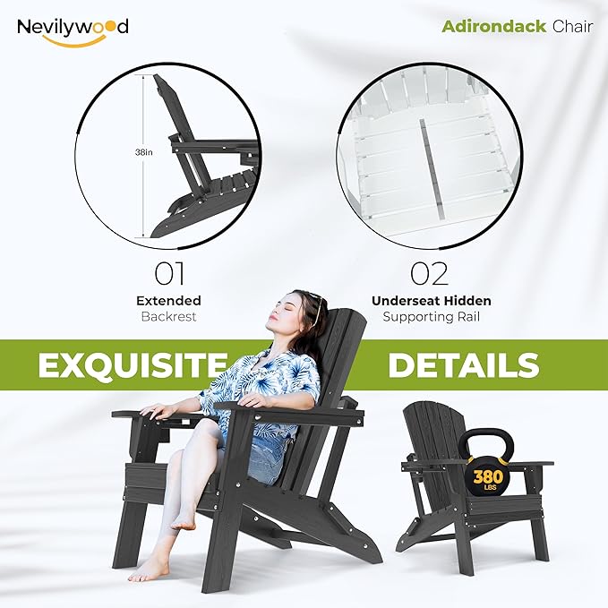 nevilywood Folding Adirondack Chair, Ergonomic Extended Backrest, HDPE All-Weather, 380lbs Capacity, Maintenance-Free, Cup Holder, （Black）- Outdoor Patio & Firepit Chair