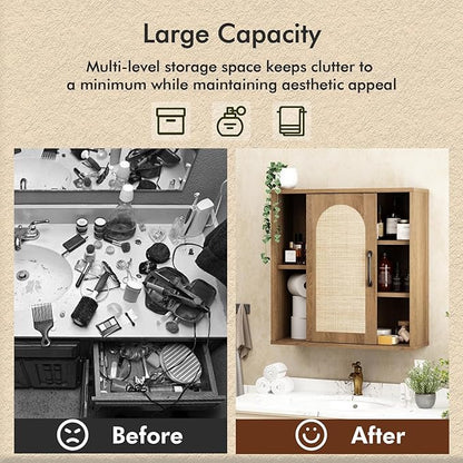 RUSTOWN Boho Rattan Wall Cabinet, Midcentury Bathroom Cabinet with Sliding Door, Adjustable Shelves, Over The Toilet Storage Cabinet (Rustic Oak)
