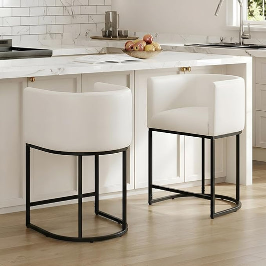 Bar Stools Set of 2, 24" Upholstered Counter Height Bar Stools, Modern Counter Stools with Metal Base for Kitchen Island Dining Room Bar, White
