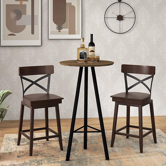 COSTWAY Swivel Bar Stool Set of 4, 24 Inch Ergonomic Counter Height Chairs with Open X Back & Footrest, 4PCS Vintage Wooden Barstools for Kitchen Island, Pub, Bistro, Café, Brown (4, 24 inch)