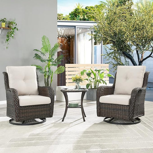 HUMMUH 5 Piece Outdoor Patio Furniture Set Wicker Conversation Bistro Set Swivel Rocking Chairs with Side Table and Ottomans for Backyard, Porch, Balcony