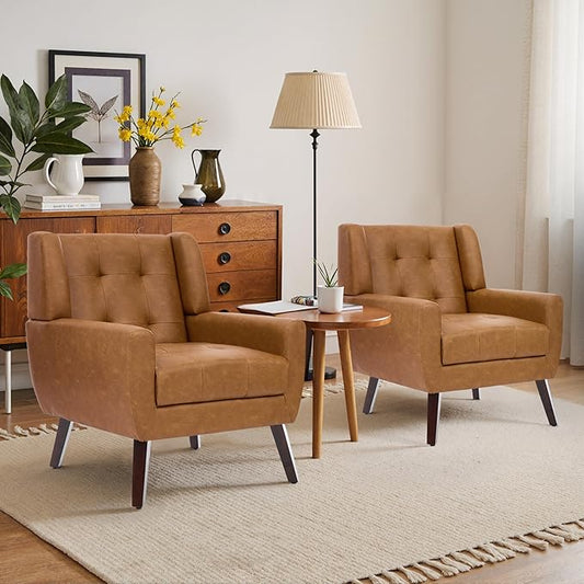 Faux Leather Accent Chairs Set of 2, Mid-Century Modern Upholstered Armchair, Comfy Living Room Chairs Reading Chairs with Button Tufted Back & Solid Wood Legs for Bedroom, Office, Brown