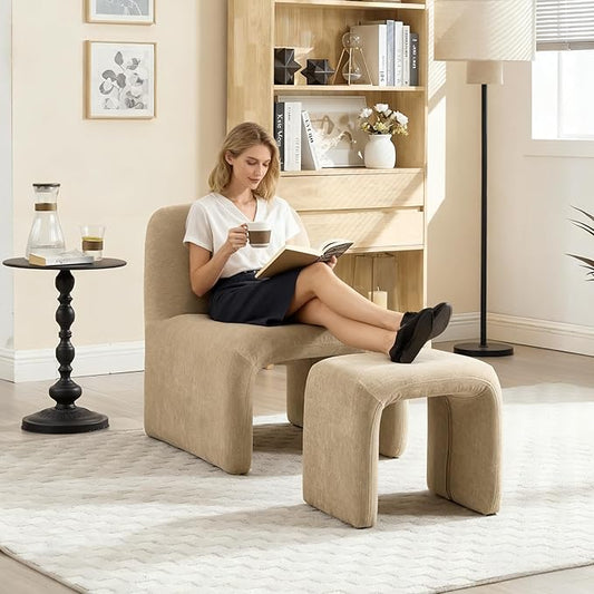 Accent Reading Chair with Ottoman, Chenille Upholstered Comfy Armless Accent Chair with Footrest Modern Side Lounger for Living Room Bedroom, Khaki