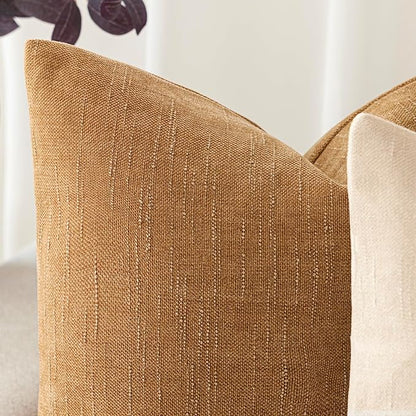 Foindtower Set of 2 Soft Textured Chenille Throw Decorative Pillow Covers Square Accent Solid Cushion Cover Neutral Farmhouse Pillow Case for Couch Sofa Bedroom Living Room 20x20 Inch,Golden Brown