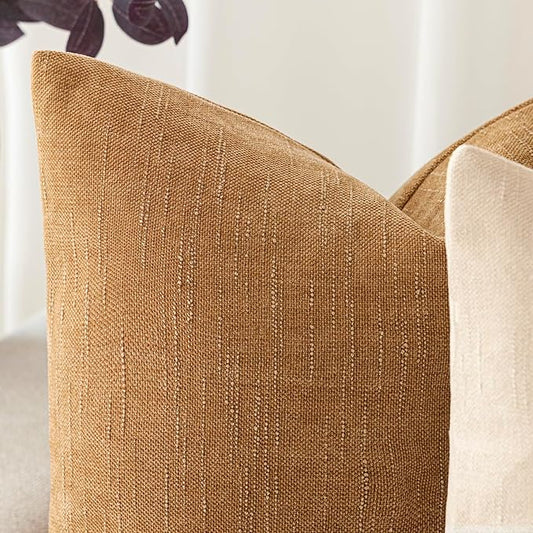 Foindtower Set of 2 Textured Chenille Throw Decorative Pillow Covers Square Accent Solid Cushion Cover Neutral Farmhouse Lumbar Pillow Case for Couch Sofa Bedroom Living Room 12x20 Inch,Golden Brown