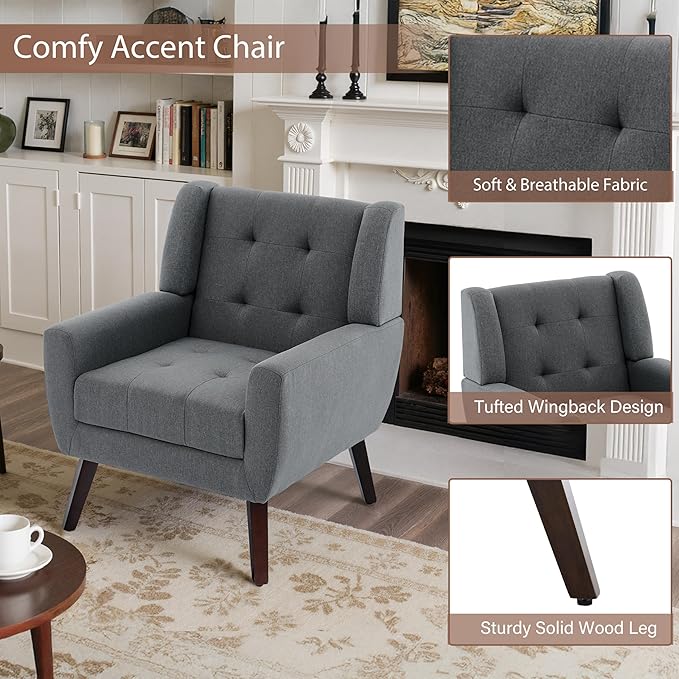 Accent Chair, Mid-Century Modern Upholstered Armchair, Comfy Fabric Living Room Chairs Reading Chairs with Button Tufted Back & Solid Wood Legs for Bedroom, Office, Gray