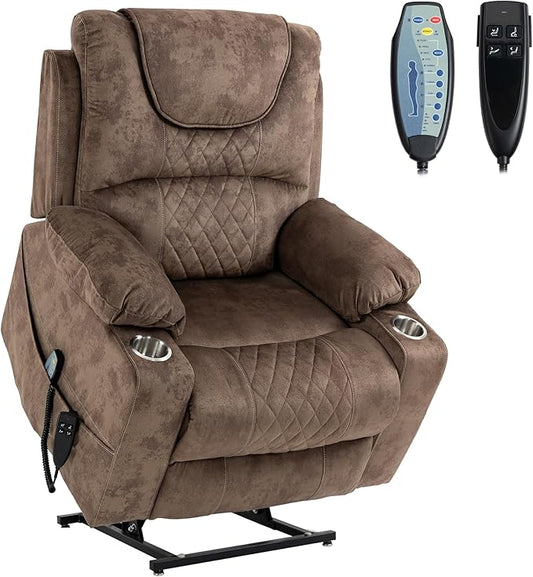 Dual Motor Large Power Lift Chairs Recliners for Adults Elderly Big Man Lay Flat Velvet Recliner with Massage Heat, Infinite Position, 2 Cup Holders, 2 Side Pockets, Up to 400LBS