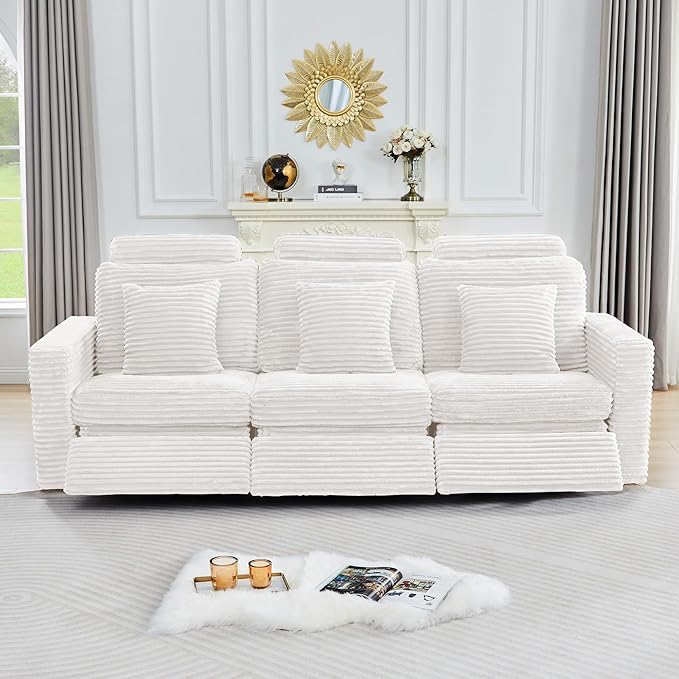 ORRD Power Reclining Sectional Sofa, Electric 3 Seat Recliner with 3 Electric Footrest and Adjustable Headrest, Modern Plush Corduroy Fluffy Reclining Sectional with Deep Seat for Living Room-White