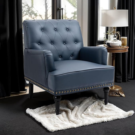 MOJAY PU Leather Accent Chair, Mid-Century Armchair Living Room Sofa Chair with Rubber Wood Leg, Club Chair with Rivet Trim for Bedroom Reading Room Reception (DarkBlue)