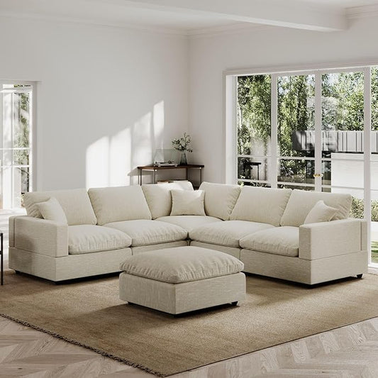 Modern Sectional Linen Cloud Couch for Living Room V-Shape Sofas,5 Seat Modular Sofas with Ottoman,Couches Cushion Covers Removable,Cozy Feather Down Sofa for Apartment Beige