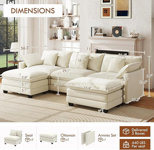 WorthFurni 111.4” Modular Sectional Sofa, U Shape Cloud Couch with 2 Movable Ottoman, Comfy Chenille Deep Seat Sofa with Soft Pillows for Apartment Living Room Bedroom（Beige）