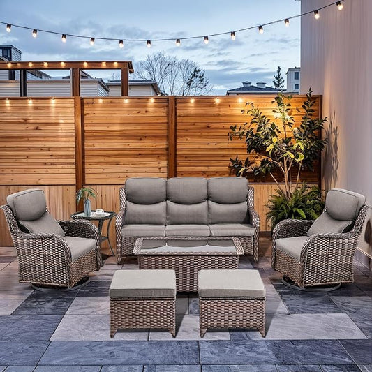 7-Piece Outdoor Wicker Patio Furniture Set with Swivel Glider Chairs, 3-Seat Sofa, Coffee Table & Ottomans 5” Olefin Cushions Ergonomic Neck-Lumbar Backrest All-Weather Rattan for Garden, Deck, Porch
