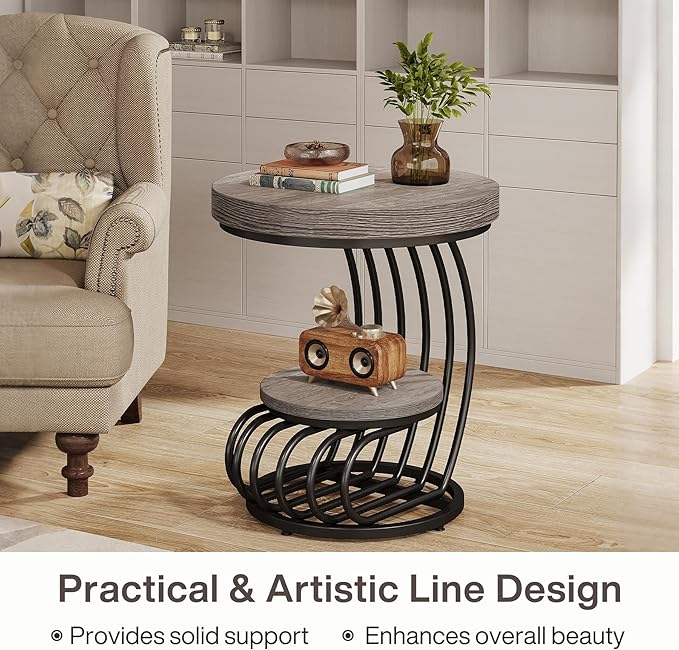 Tribesigns Round End Table, 2-Tier Farmhose Wood Side Table with Shelf Storage, Small Sofa Side Bedside Nightstand, Arc-Shaped Frame Accent Furniture for Living Room, Grey