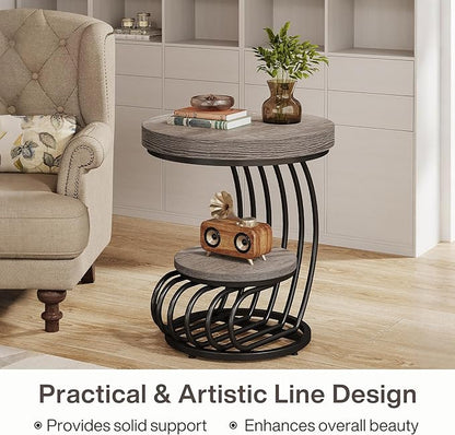 Tribesigns Round End Table Set of 2, 2-Tier Farmhose Wood Side Table with Shelf Storage, Small Sofa Side Bedside Nightstand, Accent Furniture for Living Room, Grey