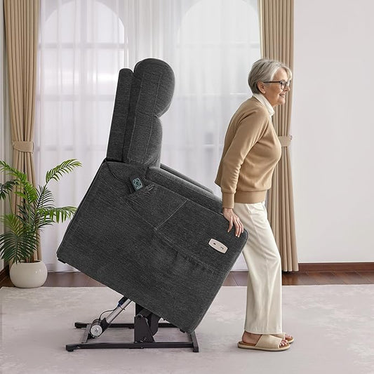 MCombo Lay Flat Dual Motor Power Lift Recliner Chair with Massage & Dual Heating, Arm Storage, Extended Footrest, USB A/C Ports & Cup Holders, Infinite Position for Elderly, Fabric LC002 (Gray)
