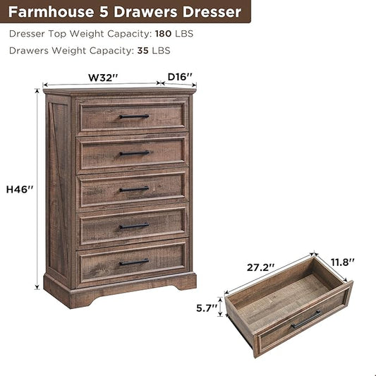 ACCOHOHO Farmhouse 5 Drawers Dresser Chests for Bedroom,46" Tall Wood Rustic Chest of Drawers with Wide Metal Handle,Natural Texture,Drawer Organizer for Bedroom,Living Room,Hallway and Entryway,LB