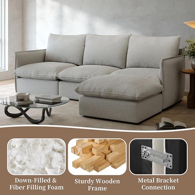 Waterproof Cloud Sectional Couches,High Backrest Down Filled Sofa for Living Room,94.5" Modular Sofas L-Shaped with Ottoman,Detachable Couch Covers,Light Grey