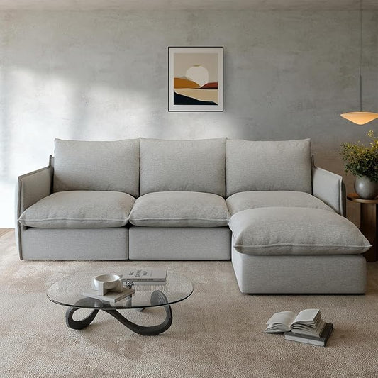 Waterproof Cloud Sectional Couches,High Backrest Down Filled Sofa for Living Room,94.5" Modular Sofas L-Shaped with Ottoman,Detachable Couch Covers,Light Grey