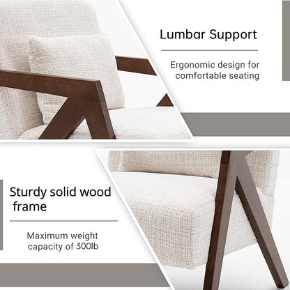 Mid-Century Modern Accent Chair with Solid Wood Frame，Upholstered Chenille Living Room Arm Chairs with Pillow for Bedroom, Living Room, Reading Room, Balcony, Beige