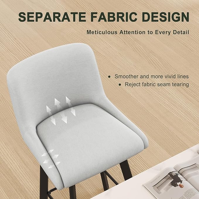Swivel Bar Stools Set of 2, 30''H Upholstered Barstools with Backs, Modern Counter Height Bar Stool Chairs for Kitchen Island, Metal Legs, Fabric, Light Gray Counter Stools