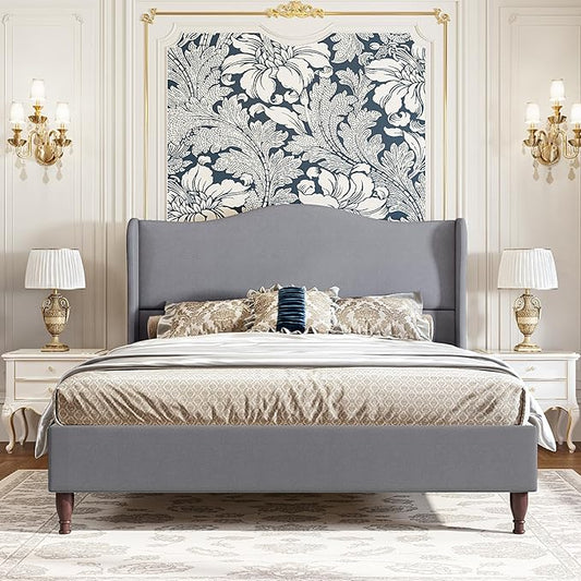 koorlian King Size Bed Frame with 51" Tall Headboard, High Upholstered Platform Bed Frames with Soft Fabric, Classic Curved Wingback & Wood Retro Legs, No Box Spring Needed/Easy Assembly, Grey