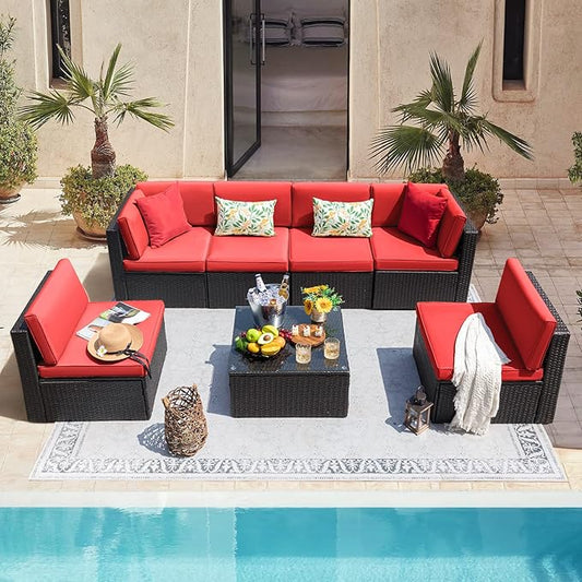 Devoko 7 Pieces Outdoor Sectional Sofa Patio Furniture Sets Manual Weaving Wicker Rattan Patio Conversation Sets with Cushion and Glass Table (Red)