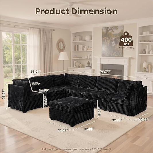 130'' Modern Modular Sectional Sofa with Ottoman, 7 Pieces L Shaped Cloud Couch for Living Room, Oversized Deep Seat Convertible Sofa Set, Plush Corduroy Black