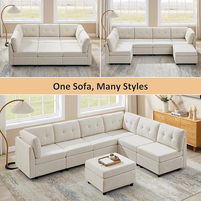 VANOMi 6 Seater Modular Sectional Sofa, Convertible Modular Cloud Sofa Bed with Ottoman, Comfy Chenille Sofas & Couches for Living Room, Apartment, Office, Beige, Sofa Bed