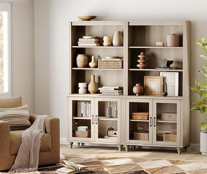 WAMPAT 5 Tier Bookshelf 72" Tall Bookcase with Glass Doors,Large Farmhouse Display Book Shelf with Adjustable Shelves and Storage Cabinet，Library Wood Bookshelves for Living Room,Kitchen, Light Oak