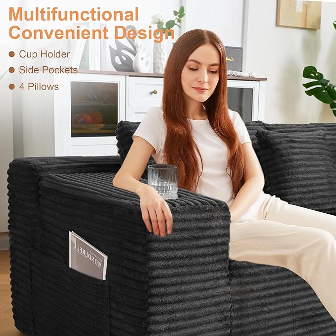 Modular Sectional Sofa, L Shaped Comfy Cloud Couch with Deep Seat, Boneless Couch for Living Room, Modern Sectional Sleeper with Chaise, No Assembly Required, Sofa in A Box, Black Corduroy