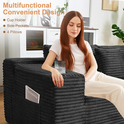Modular Sectional Sofa, L Shaped Comfy Cloud Couch with Deep Seat, Boneless Couch for Living Room, Modern Sectional Sleeper with Chaise, No Assembly Required, Sofa in A Box, Black Corduroy