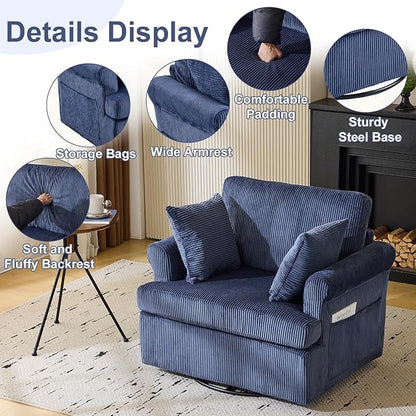 Karl home Swivel Accent Chair Set of 2, 39" Oversized Armchair W/2 Pillows and 4 Pockets,Modern Corduroy Barrel Chairs,Comfy Single Sofa for Living Room,Reading,Bedroom and Office-Dark Blue