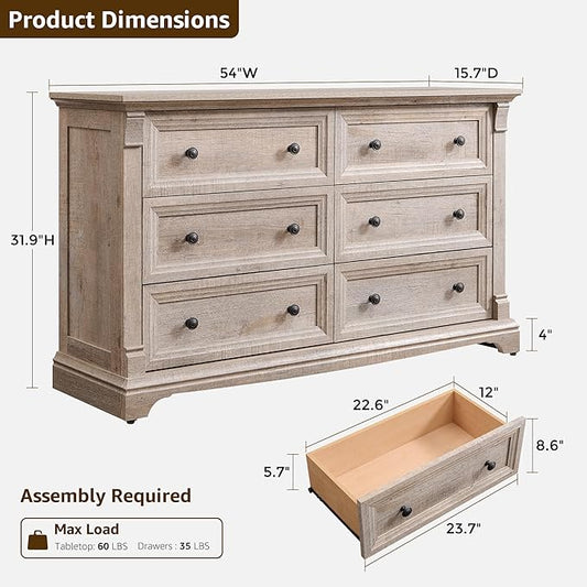 Farmhouse 6 Drawers Dresser for Bedroom, 54" Wide Large Dressers & Chests of Drawers w/Roman Column, Wooden Dresser TV Stand with Large Drawers for Nursery Bedroom Living Room Hallway,Light Rustic Oak