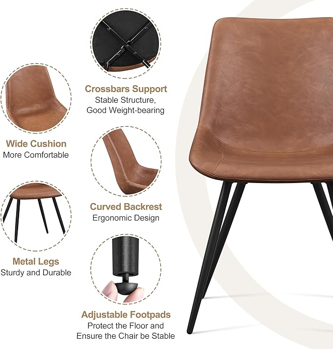 Yaheetech Dining Room Chairs Set of 2 Mid Century Modern Kitchen Chairs with Upholstered Faux Leather and Metal Legs for Dining Room, Living Room, Brown
