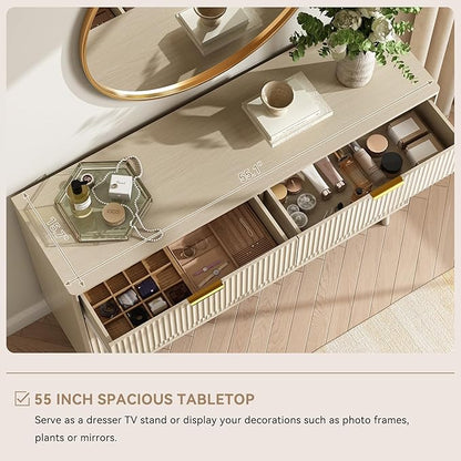 CARPETNAL Fluted 8 Drawer Dresser for Bedroom, 55" Wide Wooden Chest of Drawers with Rounded Corners, Gold Handles, Modern Storage Organizer for Bedroom, Hallway(Beige)