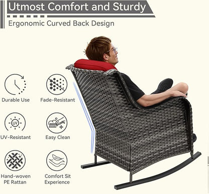 Outdoor Rocking Chair of 2, Wicker Patio Rocker Chair for Yard, Porch, Mixed Brown Grey Rattan, Red Cushions