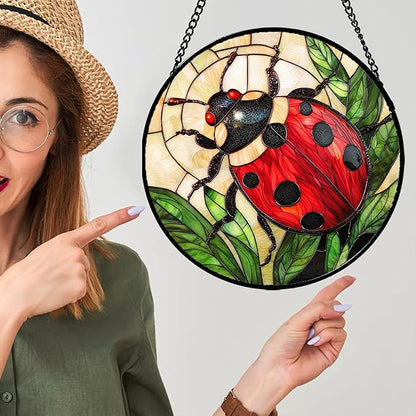 Stained Glass Window Hanging - Red Seven-Spotted Ladybug Sun Catcher for Door Home Decor Insect Suncatcher Christmas Mother's Day Birthday Gifts for Women Men Mom Nana 7.8 in