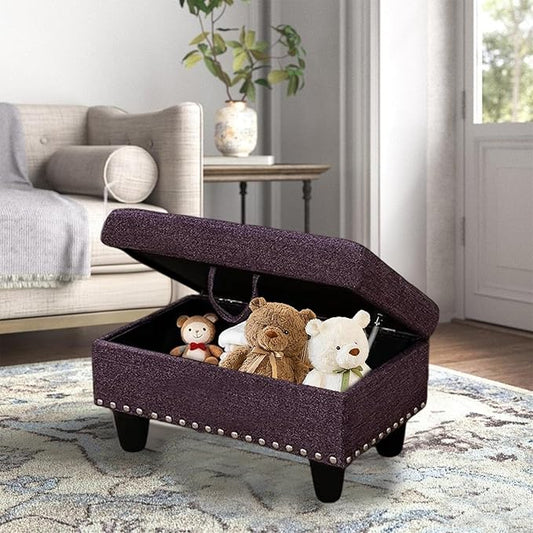Linen Fabric Storage Ottoman with Nailhead Trim, 28.5"X19.5"X17.5" Footrest Stool, Hidden Storage Foot Stool for Living Room, Bedroom Furniture, Purple Amaranth Leaves