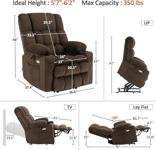 MCombo Dual Motor Large Power Lift Recliner Chair for Elderly, Lay Flat Lift Chair with Heat and Massage, Big Lift Recliner for Tall People, Cup Holders, Fabric 7896 (Large, Mocha)