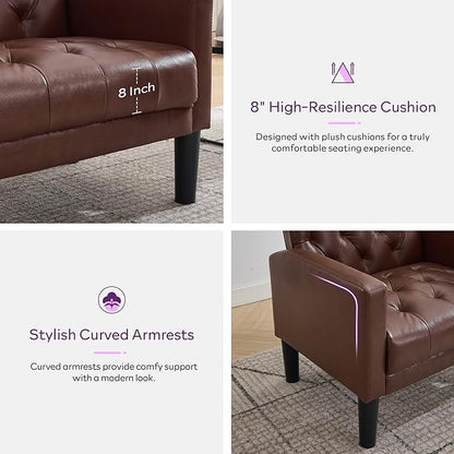TYBOATLE Accent Chairs Set of 2 Comfy Living Room Chair Leather Tufted Mid Century Modern Accent Chair, Small Cozy Reading Arm Chair for Office, Bedroom (2, Brown)