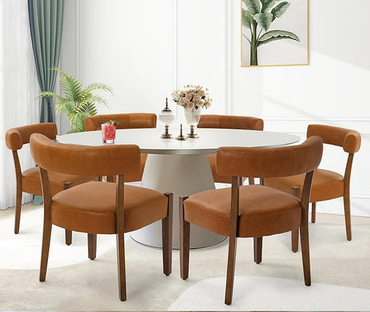 Modern Dining Chairs Set of 6, Faux Leather Upholstered Kitchen & Dining Room Chairs, Mid Century Modern Wooden Dining Chairs Oversized Sturdy Rounded Chairs Curved Back, Brown