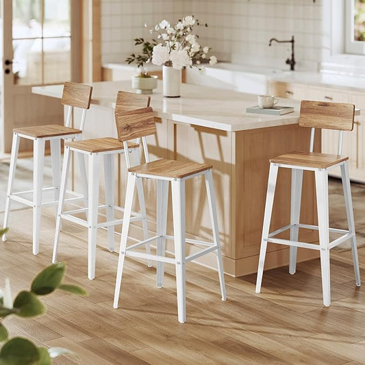 VASAGLE Set of 4 Bar Stools, Bar Height Stools, 29.1 Inches Tall Barstools with Back, Counter Bar Chairs for Kitchen Island, Steel Frame, Industrial Style, Easy Assembly, Wheat Brown and Cloud White