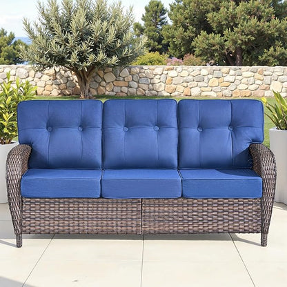 9-Piece Rotating Balcony Chair Set with 31-inch T-Shaped Wide backrest - Rattan Outdoor Rotating Balcony Chairs, Wide backrest Comfortable Outdoor Sliding Chair - Brown | Blue
