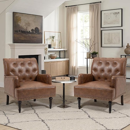 UIXE PU Leather Accent Chairs Set of 2, Modern Upholstered Armchair for Living Room, Comfy Arm Chair Single Sofa Reading Seat with Wooden Legs for Office Home Bedroom - Brown