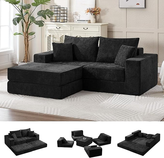 79" Boneless Cloud Loveseat Sofa Couch, Modular Foldable Floor Sofa with Ottoman, Chenille Lounge Convertible Sofa Bed for Living Room, No Assembly, Black