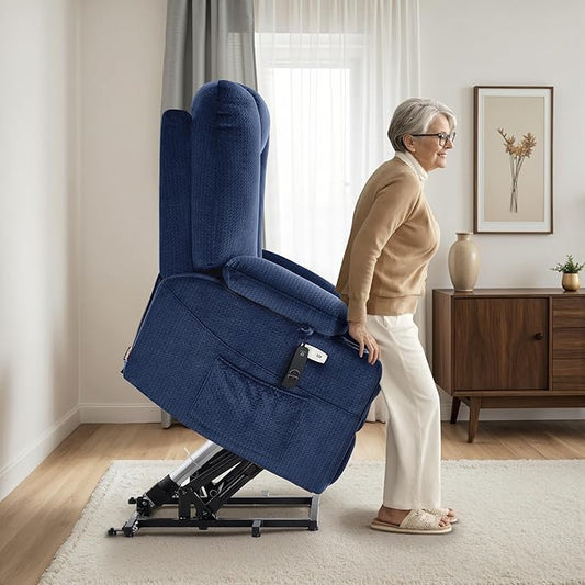 MCombo Oversized Power Lift Recliner Chair with Massage and Heat for Big and Tall Elderly People, Cup Holders, USB Ports, Side Pockets, Fabric R7541 (Navy Blue, Large-Oversize)