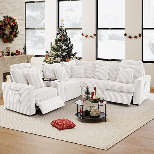 ORRD Oversized Modular Sectional Sofa with 2 Power Reclining, Electric Recliner Couch with Storage Console and Adjustable Headrest, Plush Corduroy Fluffy 5 Seat Corner Sofa for Living Room-White