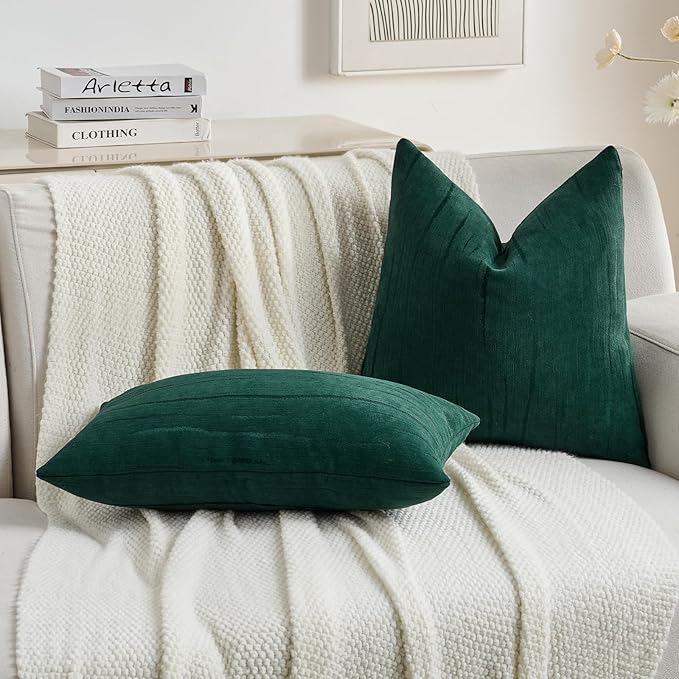 FUTEI Dark Green Chenille Decorative Throw Pillow Covers 20x20 Inch Set of 2,Soft Embossed Striped Textured Cushion Case,Modern Home Decor for Couch Bed Living Room