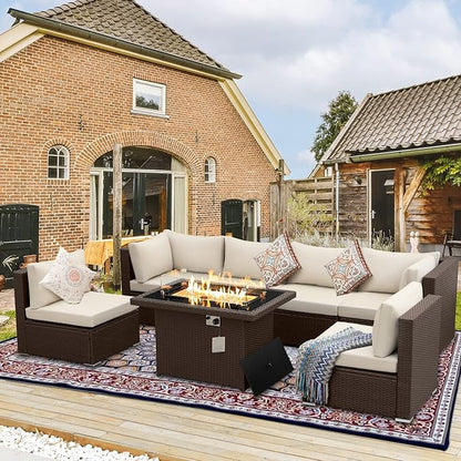 NICESOUL 7 Piece Outdoor Patio Furniture Set with Fire Pit Table Natural Gas & Propane Convertible, 29.3'' High Backrest Deep Wide Seating Conversation Sets, Wicker Sectional Couches, Brown & Beige